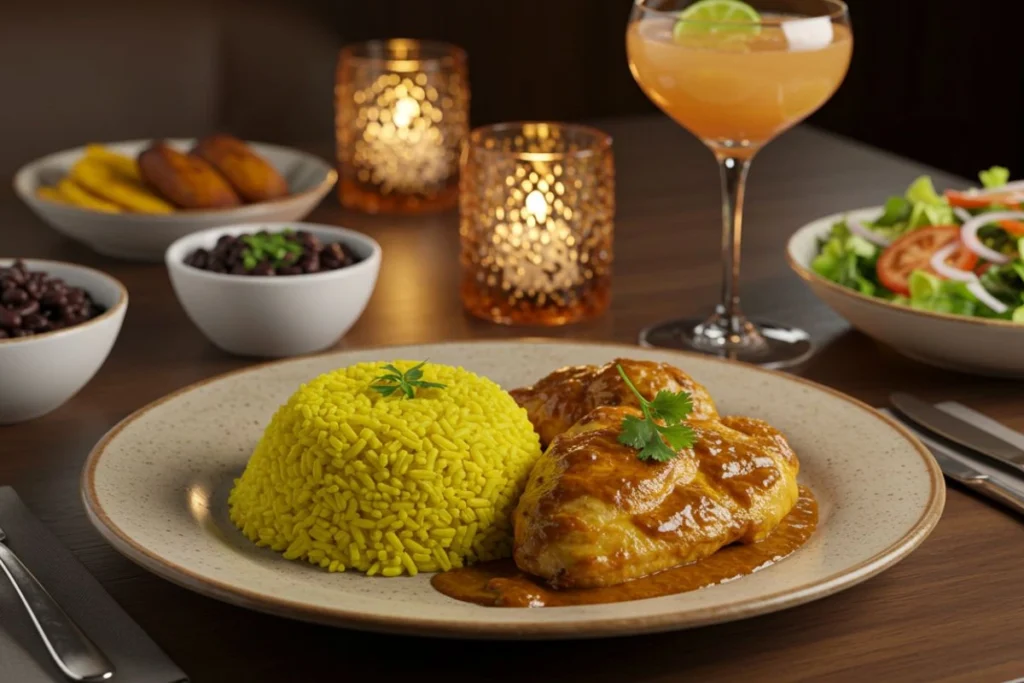 A plated chicken and yellow rice recipe served with black beans and fried plantains.
