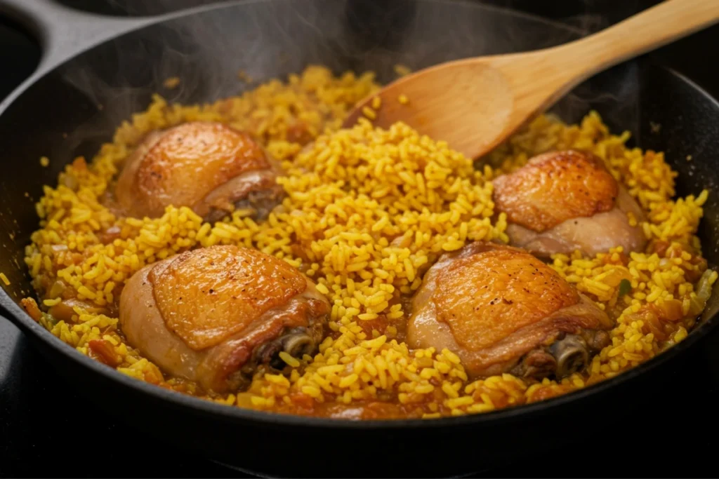 A skillet with simmering chicken and yellow rice recipe, full of rich spices and flavors.