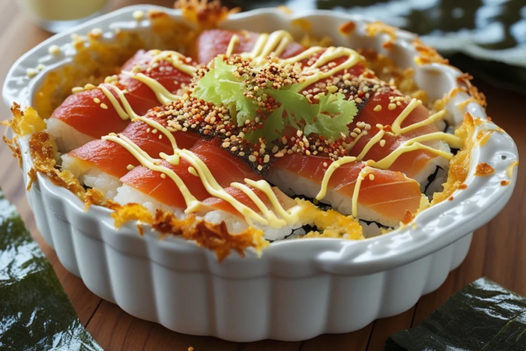 Delicious sushi bake recipe with golden topping and furikake