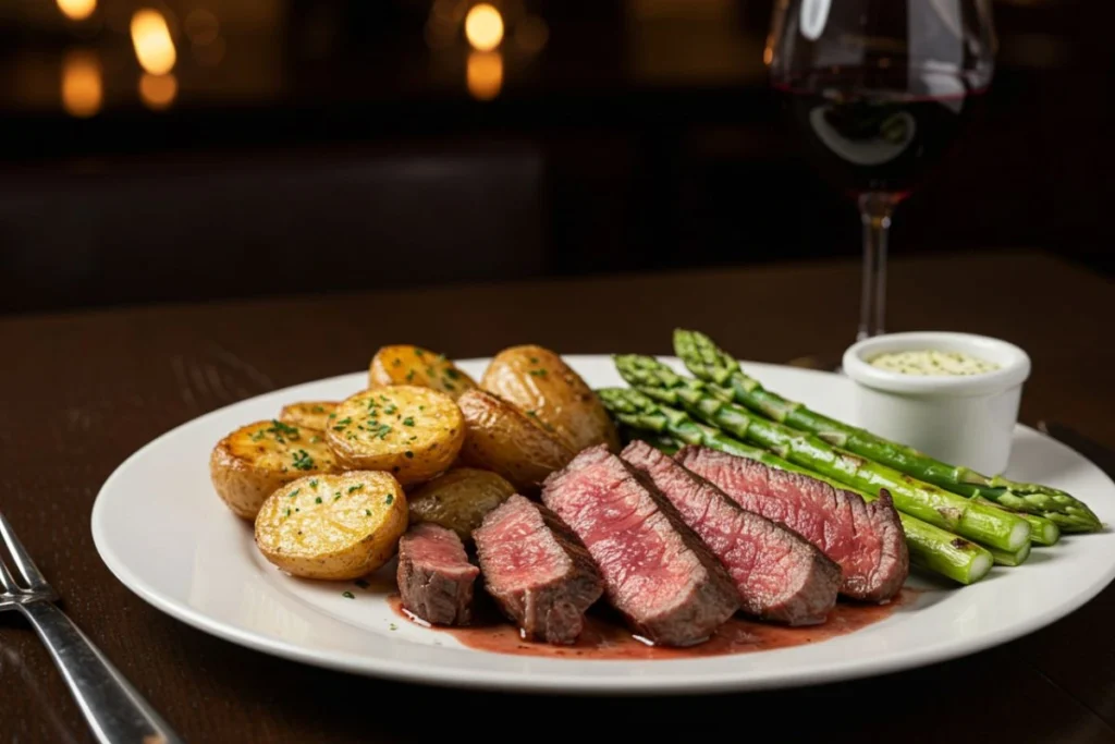Sliced chuck eye steak served with roasted potatoes and wine
