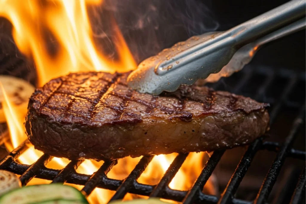 Chuck eye steak grilling over open flame with sear marks