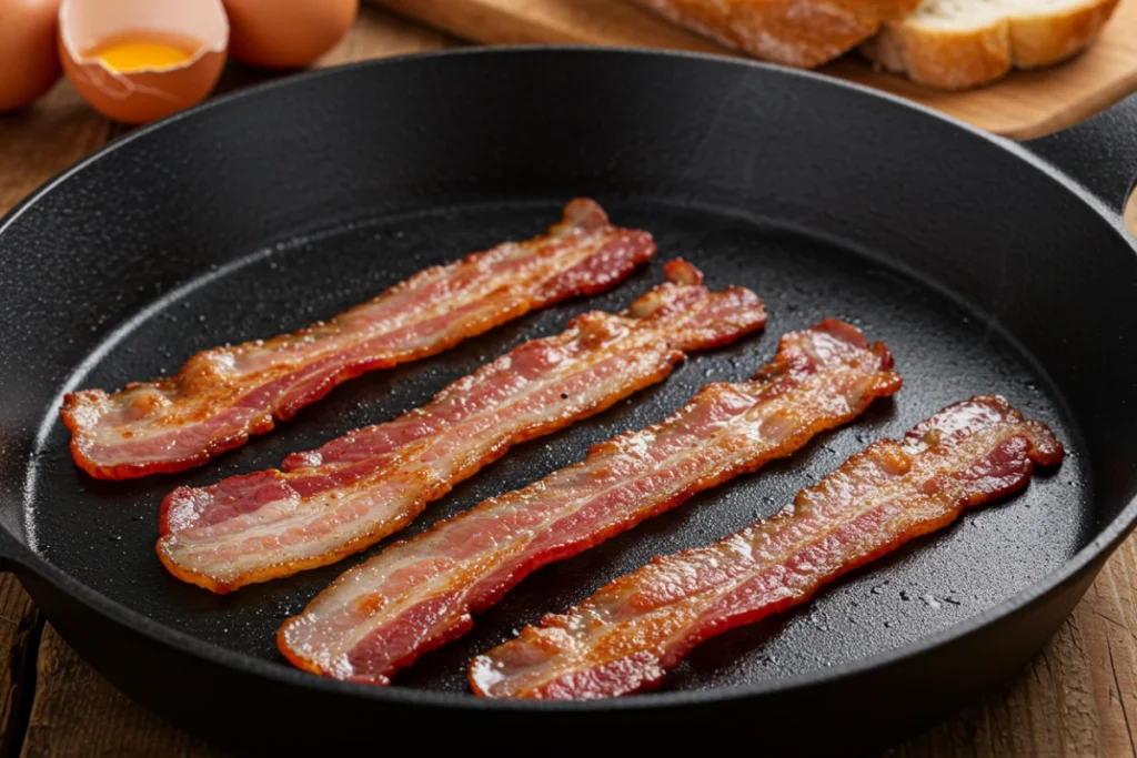 Crispy beef bacon sizzling in a cast-iron pan