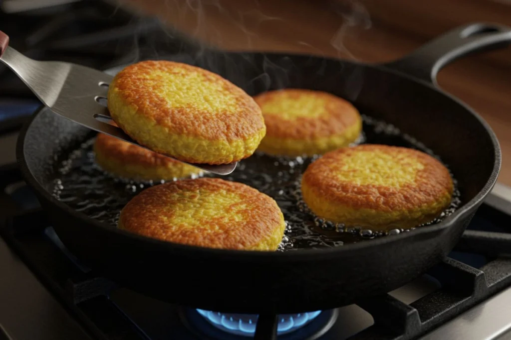 Fried cornbread sizzling in a cast-iron skillet with a spatula lifting one piece