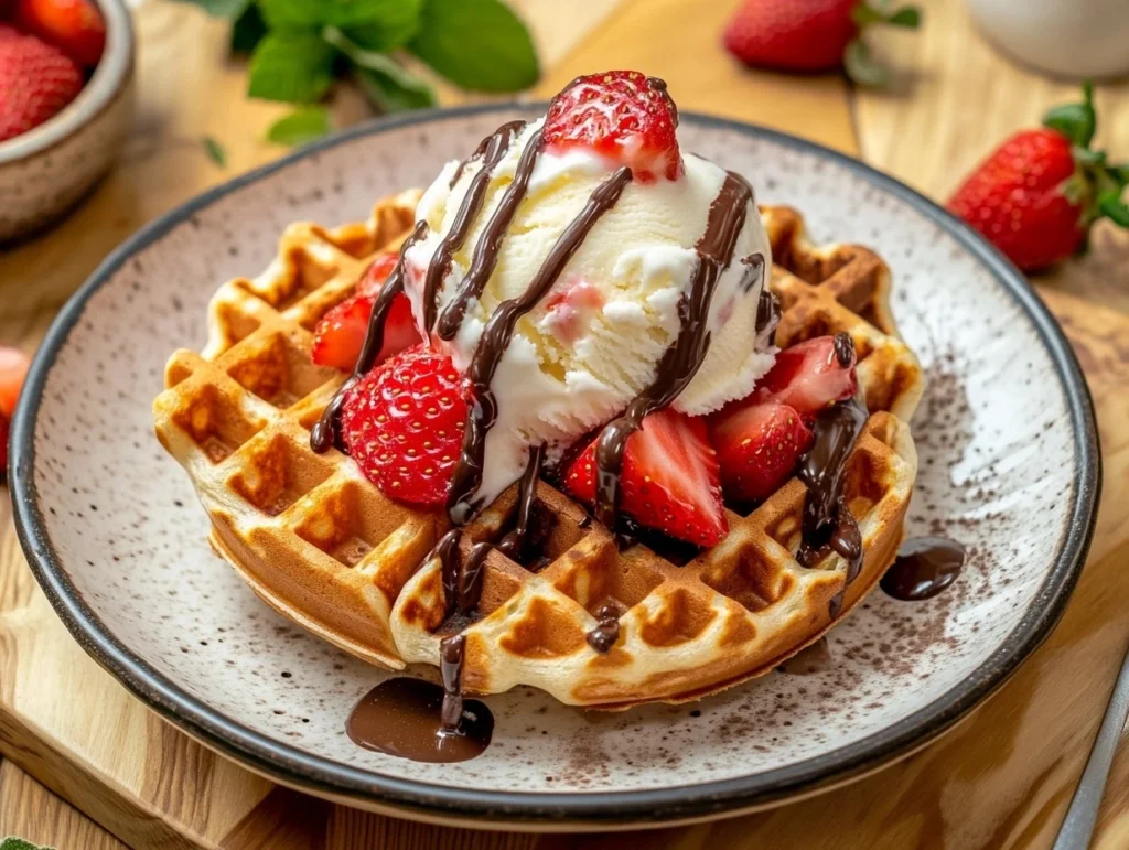 Freshly made bubble waffle with ice cream and strawberries