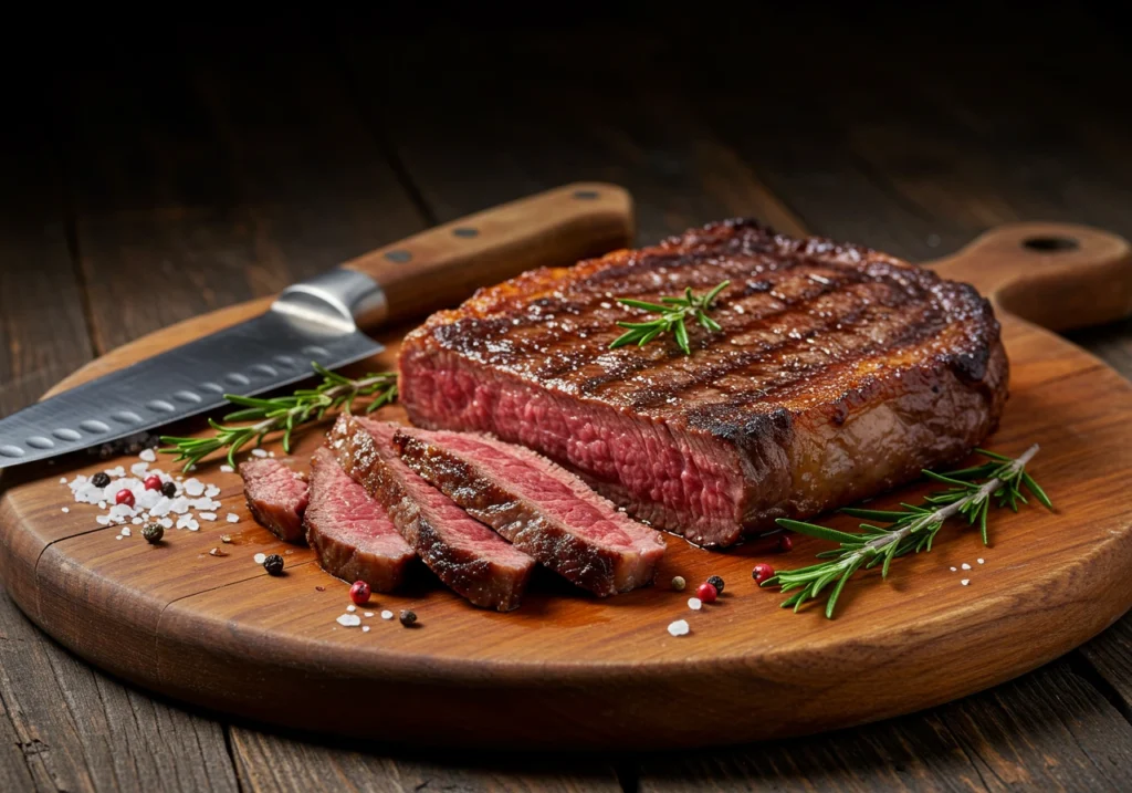 Juicy picanha steak with crispy fat cap on a wooden board