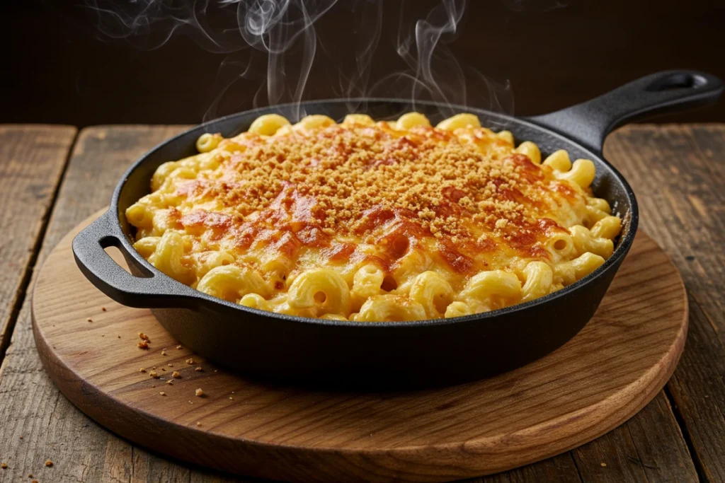 Smoked mac and cheese in a cast-iron skillet with crispy topping