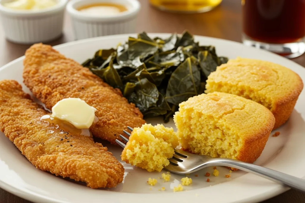 Southern-style meal with fried cornbread, collard greens, and fried catfish