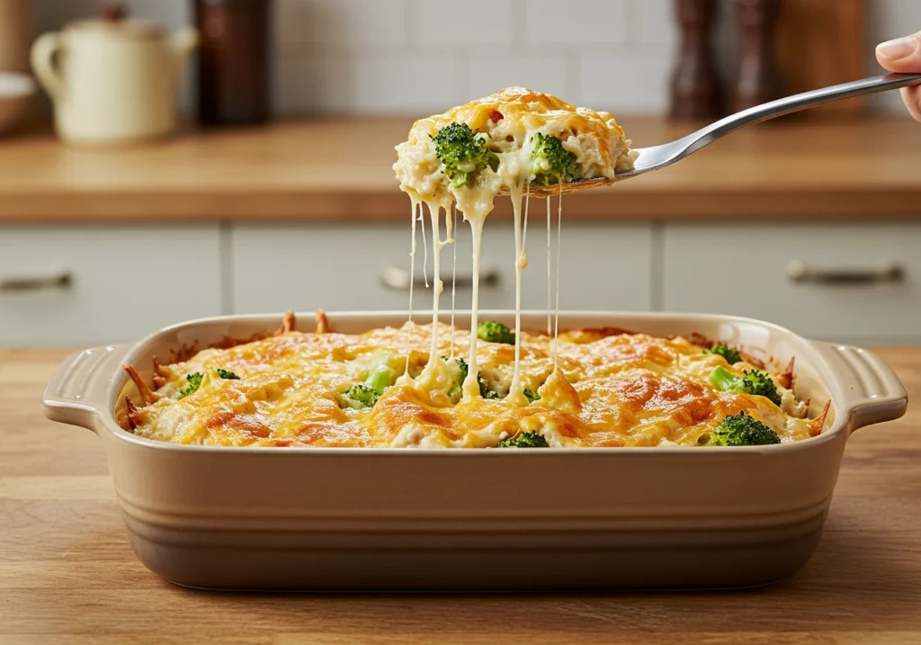 Chicken Broccoli Rice Casserole fresh out of the oven with melted cheese