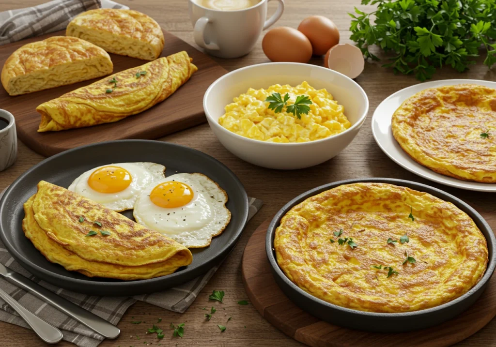 A variety of delicious egg recipes including omelets, scrambled eggs, and fried eggs on a breakfast table.